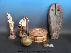 A quantity of collectables to include tribal carved face, box, ceramics (possibly art pottery),