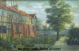 Oil on canvas of a half timbered house,