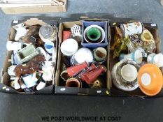 Three trays of various mixed ceramics including studio pottery dragons