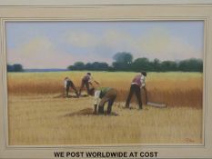 Tytler pastel of farmers cutting hay in a field, signed lower right,