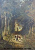 Henri De Beul (1845 - 1900) oil on board, sun dappled wooded track with sheep cattle,