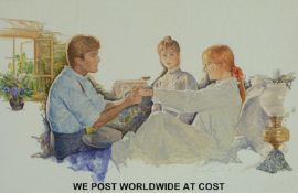 Melvyn Warren-Smith oil on canvas of a couple with another woman beyond (42cm x 66cm),