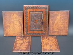 Four various poker work book covers together with a further wooden book end