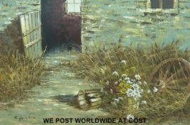 Chadwick acrylic on board of an overgrown barn,