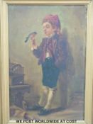A late 19th / early 20thC oil on canvas of a young boy with bird perched on his finger (30cm x