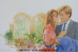 Melvyn Warren-Smith oil on canvas of a couple with interior scene beyond (42cm x 66cm),