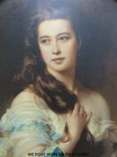 A large oval print of a lady in period dress (max diameter 74cm)