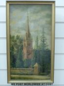 Oil on canvas of a church, monogrammed and dated lower left E.