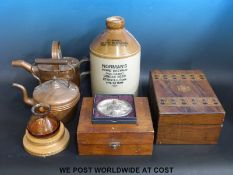A Tunbridge Ware box, copper, plated ware and a First Aid box and a Norman's,