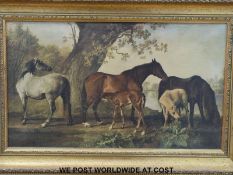 A framed print of horses mounted in a contemporary gilt frame (36 x 60cm)