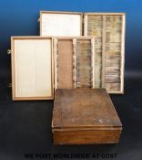 Approximately 200 various microscope slides in three various containers, slides,