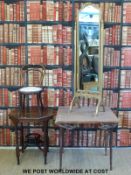 A gilt cheval mirror (H145 x W40 x D36cm) an octagonal table (H69 x W58 x D58cm) a bentwood