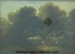 A 19thC oil on canvas on tin of a stagecoach at an inn and toll gate.
