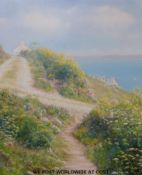 Gerry Hillman oil on canvas Cornish cliff top scene with wild flowers in bloom,