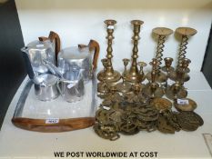 A Picquot ware retro tea set on tray together with a quantity of brass ware to include horse