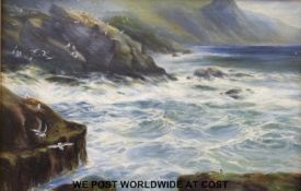 Oil on canvas of a rough sea, gulls and cliffs,