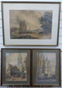 A 19thC watercolour of a castle with boats together with a pair of similar style town scenes
