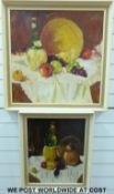 Two oil on board still life of fruit on a table (larger 59 x 59cm)