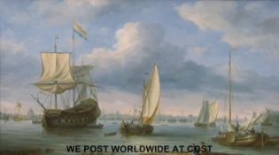 Oil on canvas shipping in port with warship flying the Tricolour to foreground (59 x 105cm),