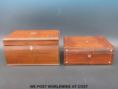 Two late 19thC jewellery boxes one inlaid with mother of pearl,
