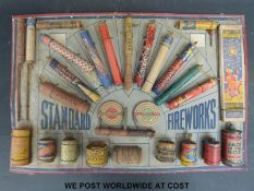 An ex-shop display board for Standard Fireworks include Jack in the Box, Mine of Serpents etc,