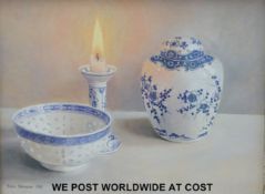 Rosa Branson oil on canvas still life of Chinese ceramics and a candle,