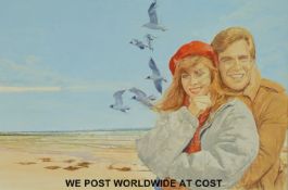Melvyn Warren-Smith oil on board of couple with beach and gulls behind (40cm x 39cm) together with