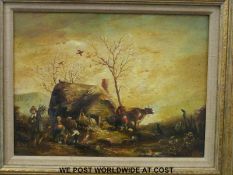 Norman Henry French (1906-1984) oil on canvas with figures and animals in rural scene with cottage