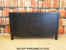A black contemporary sideboard with two cupboards either side of three drawers (H85 x W145 x D42cm)