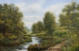 Peter Snell oil on canvas of wooded river valley, signed and dated 1982 lower right,