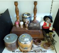 A quantity of wooden items including biscuit barrels, one Peter Scott example,