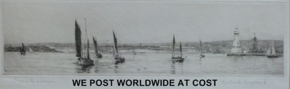 Rowland Langmaid etching Plymouth harbour (11 x 34cm)