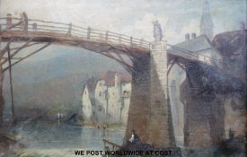 Attributed to William Callow (1812-1908) oil on board of a bridge/river scene 'The Fal' (23 x 35cm)