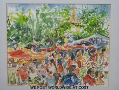 Terry Thomas watercolour featuring the artist and his wife in Uzés, Avignon,