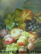Oil on board still life of flowers and fruit, indistinctly lower left possibly J or T Gabriel,