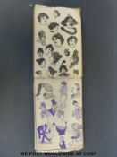 An early 20thC sketch book including ladies, cricketers,