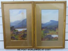 J Carlisle pair of watercolours of mountain and moorland scenes (37cm x 19cm)