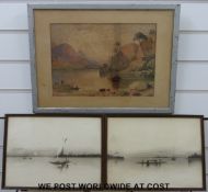 Watercolour in mountainous landscape together with a pair of L.M.