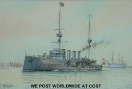 William C Cluett watercolour of a WWI battleship in Portsmouth with HMS Victory in the background