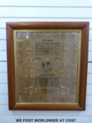 A Victorian sampler with birds, flowers and fairies to border and named Rachel Richards,