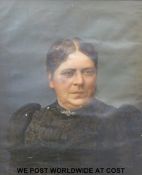 A Victorian oil on canvas of lady in black dress with pearl brooch (58cm x 48cm)