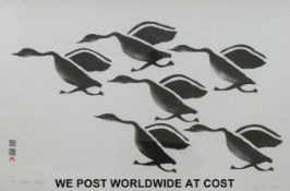 Iyola Kingwatsiak signed limited edition Inuit Art stencil 20/50 'Geese Leaving' (37cm x 57cm)