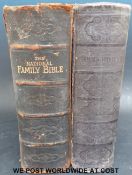 Two 19thC family bibles, the first an ornate two clasp Bible with brass corners and clasps,