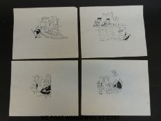 Eight original cartoons, some unsigned but possibly by Larry including council workers, courtroom,