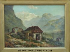 Burns, oil on canvas of a cottage by a lake in gilt frame (24.5 x 34.