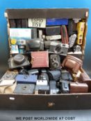 Three boxes of old and modern film cameras, to include Canon, Kodak, Pentax,