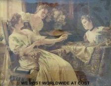 A crystoleum of a parlour scene with ladies examining jewellery (20cm x 24cm)