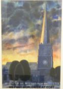 Peter Reading watercolour of Painswick Church entitled 'Church at Dusk',
