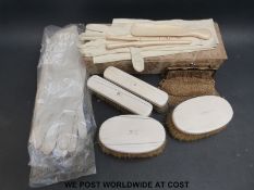 Three pairs of vintage kid gloves, ivory dressing table items and brushes,