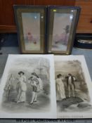 Two watercolours of desert scenes indistinctly signed Alister Hinton, 19thC engravings,